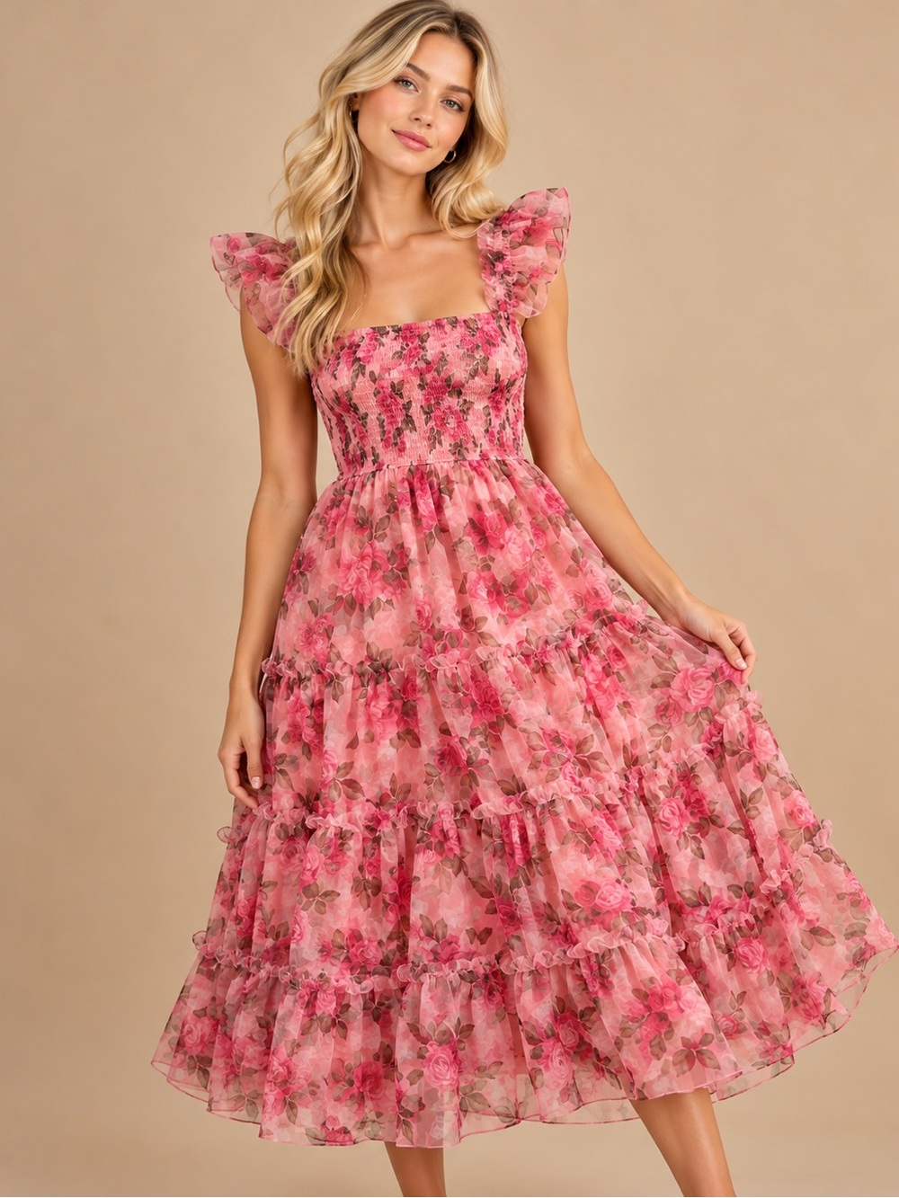 PrettyGarden Pink Rose Floral Ruffle Tiered Midi Maxi Dress XL NWT